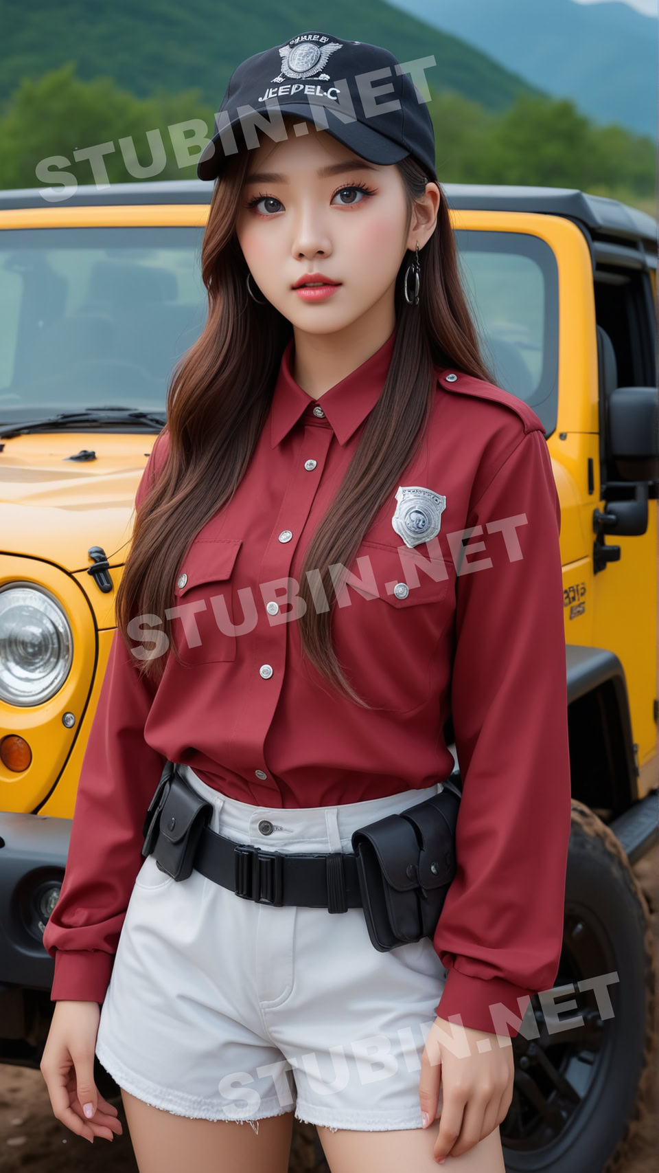 산과 강, 지프차, 순찰견, 그리고 코스프레 소녀 - 실사풍 어드벤처 디지털 아트 - 이미지 3