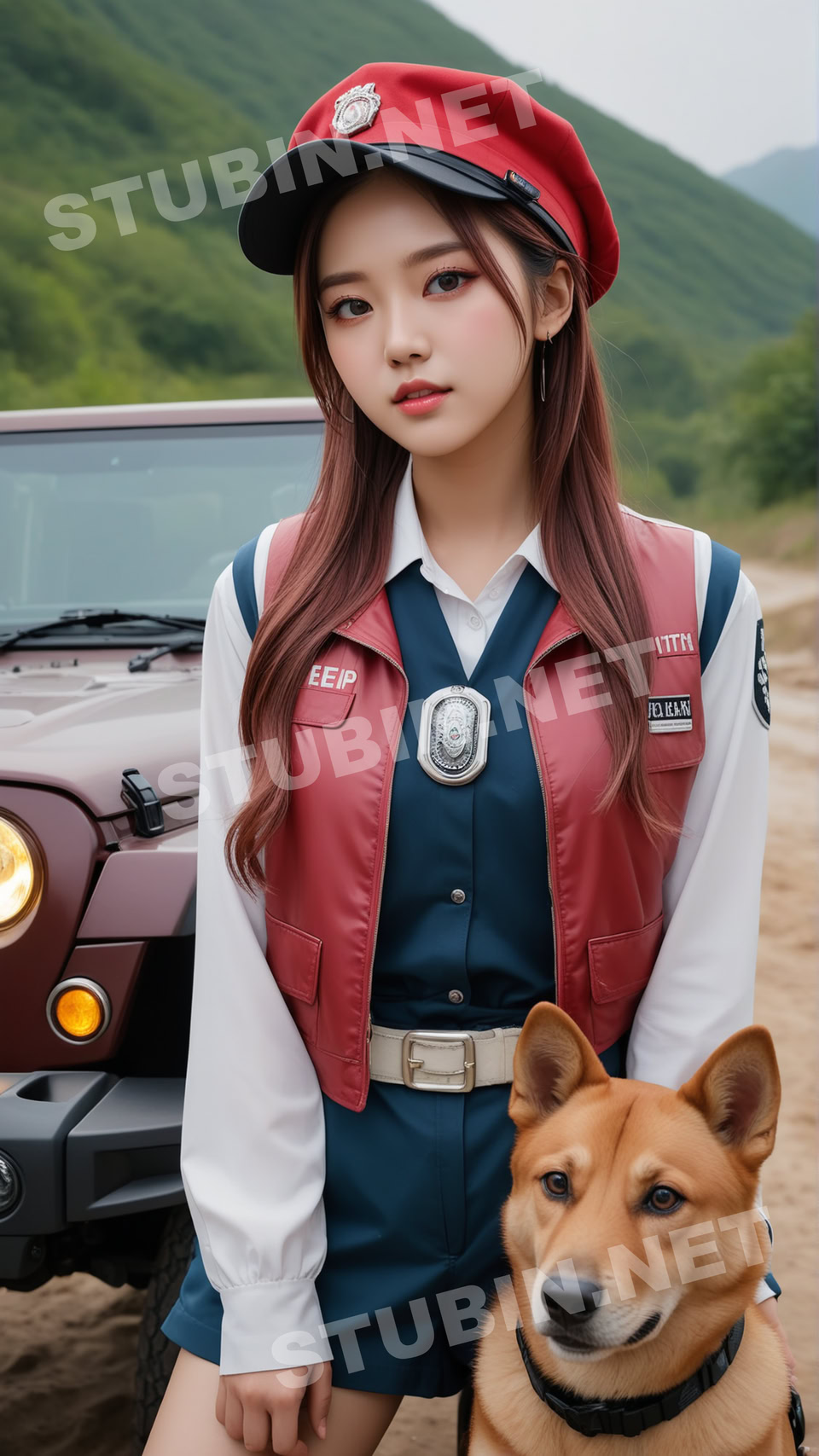 산과 강, 지프차, 순찰견, 그리고 코스프레 소녀 - 실사풍 어드벤처 디지털 아트 - 이미지 4