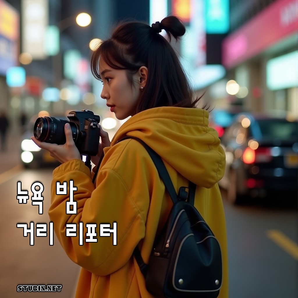 뉴욕 밤거리 여성 리포터 – 도시의 긴장감과 시선을 담은 실사풍 아트