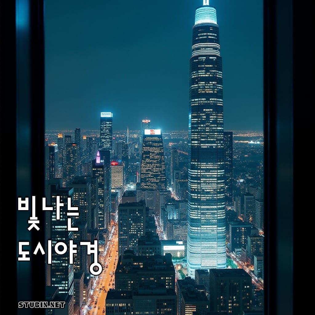 유리창 너머 빛나는 도시 야경 - 밤하늘 아래 펼쳐진 시네마틱 도시 풍경