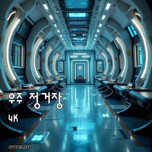 청색 네온 조명이 비추는 우주 정거장 내부 SF 아트워크