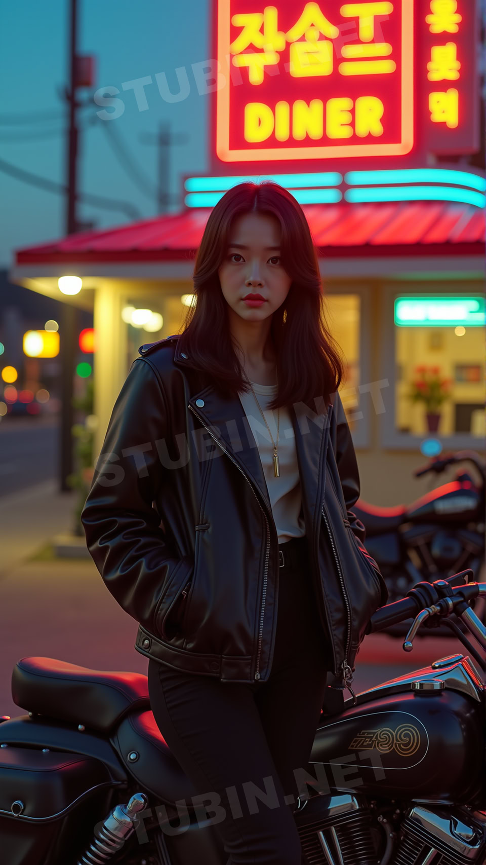 시네마틱 레더 룩 - 노을빛 거리의 감성 포트레이트 - 이미지 2