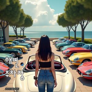 해변 주차장을 걷고 있는 소녀 - 여름 바다와 여행 감성을 담은 실사풍 아트워크