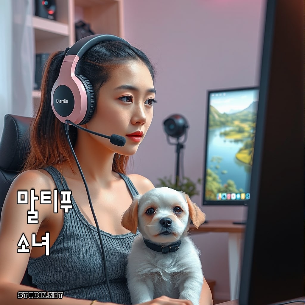 말티푸 반려견과 게이머 소녀의 귀여운 장면 포착 - 배경화면 섬네일