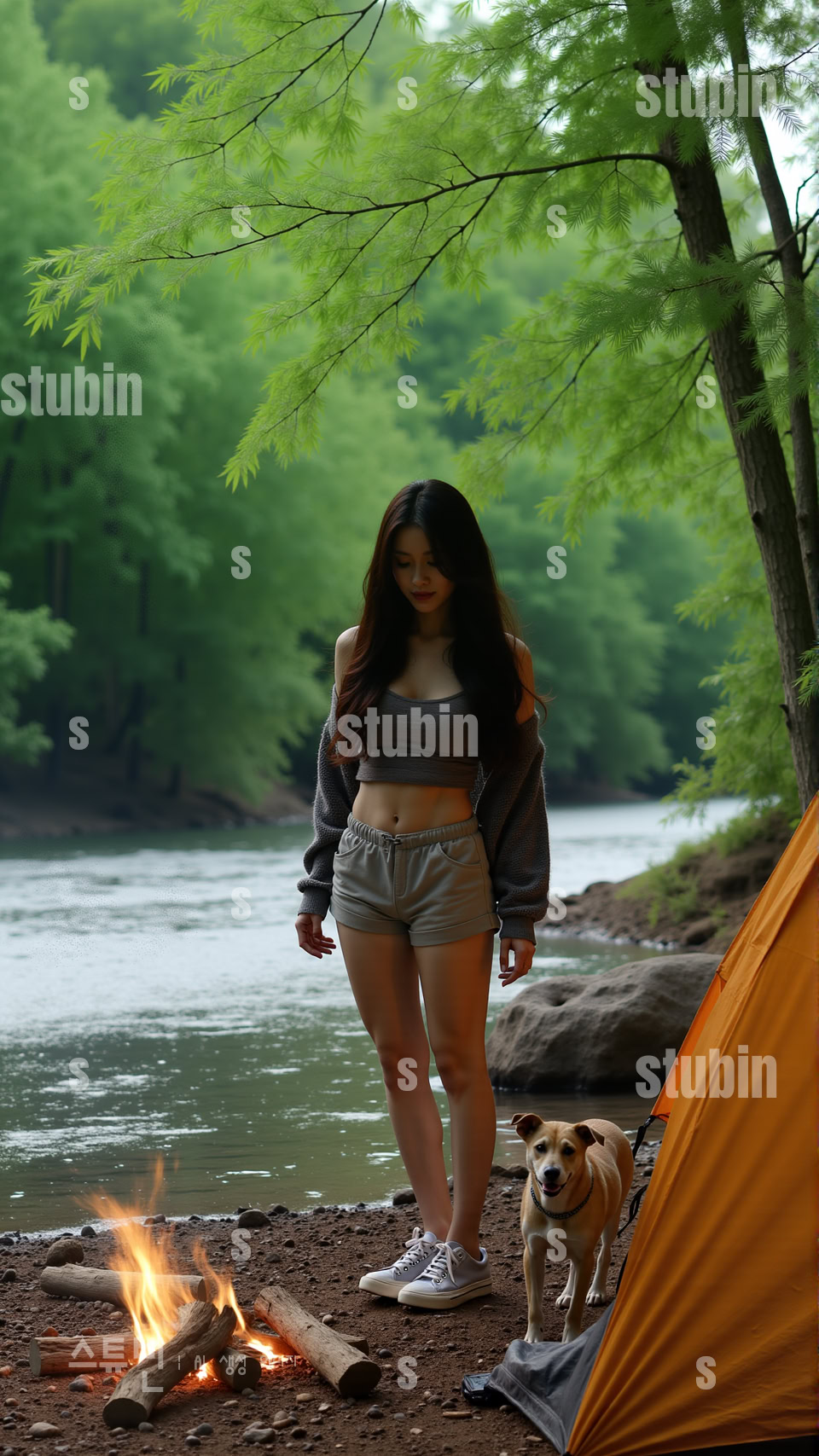 반려견과 함께한 감성 캠핑 자연 속 힐링 실사풍 디지털아트 3 반려견과 캠핑 소녀 3번 이미지
