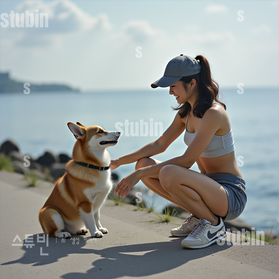 해안길을 함께 걷는 웰시코기와 소녀-바다 감성 반려견 산책 실사풍 4 해안길 산책 웰시코기 4번 이미지