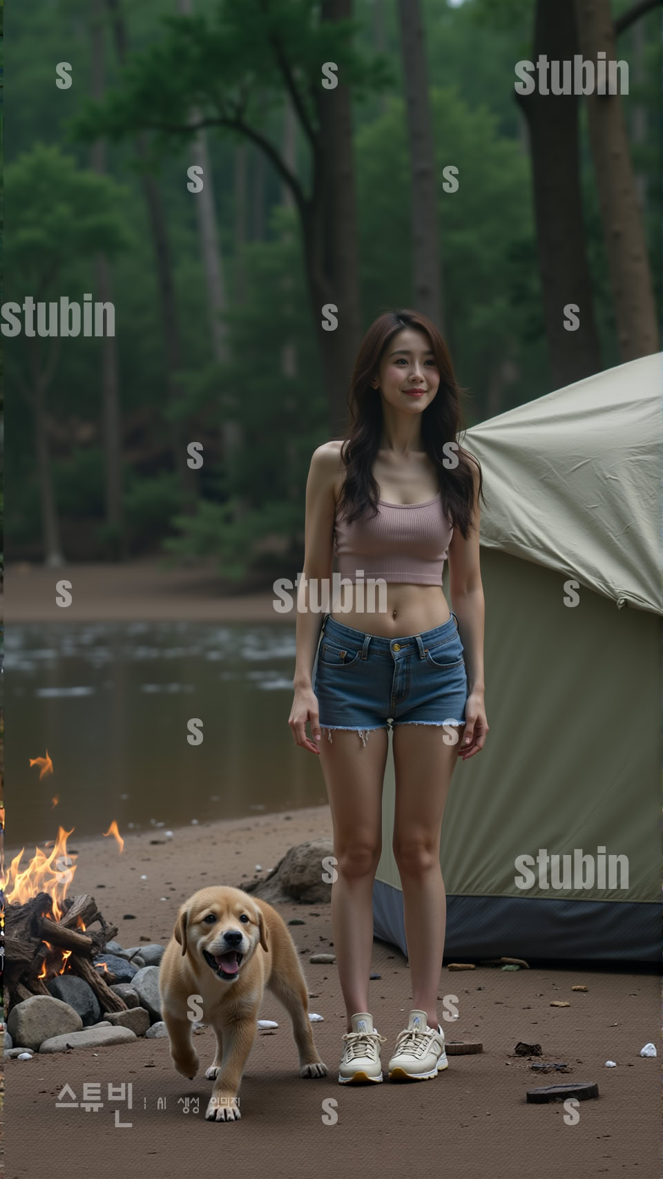 반려견과 함께한 감성 캠핑 자연 속 힐링 실사풍 디지털아트 4 반려견과 캠핑 소녀 4번 이미지