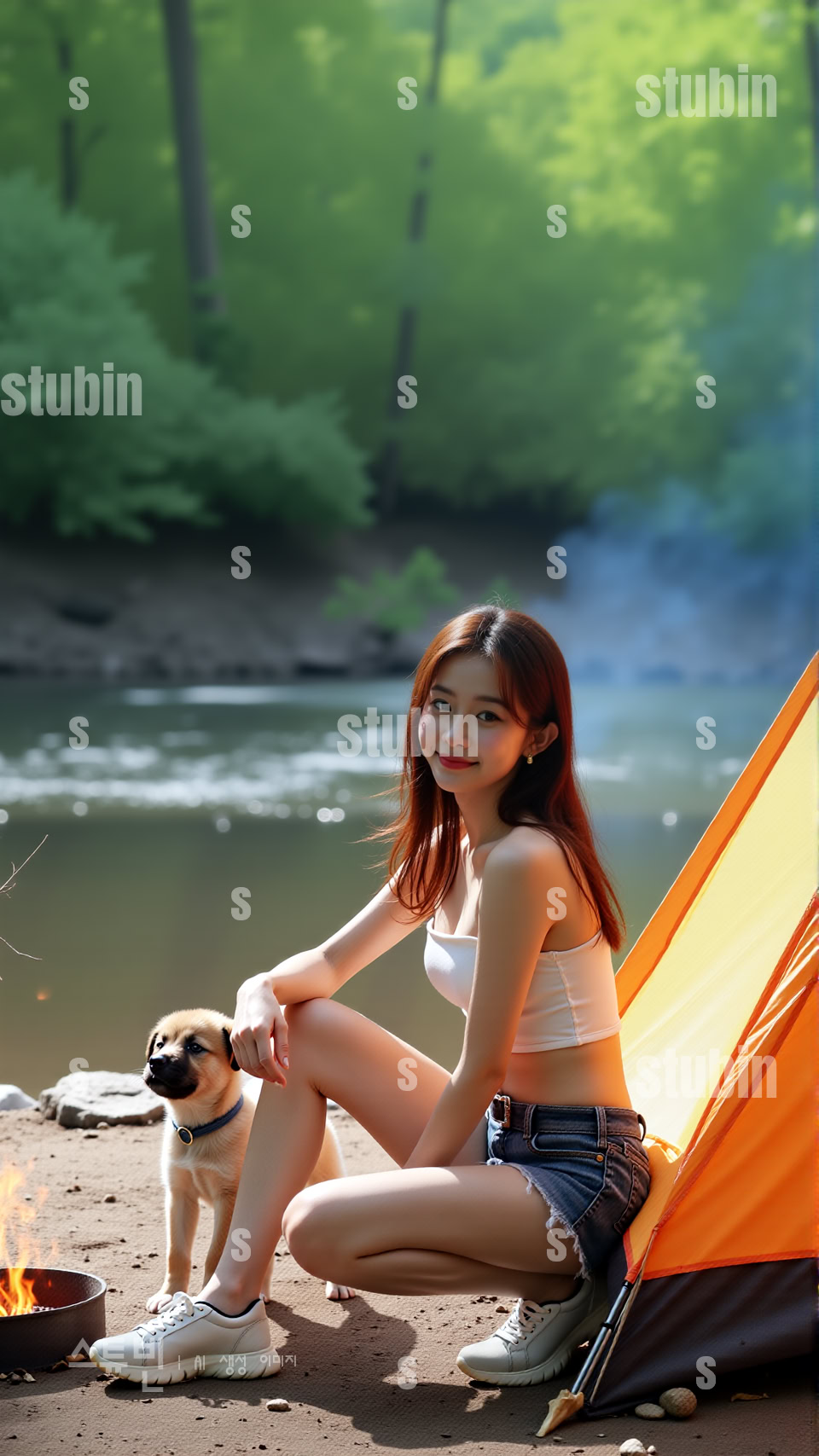 반려견과 함께한 감성 캠핑 자연 속 힐링 실사풍 디지털아트 1 반려견과 캠핑 소녀 1번 이미지