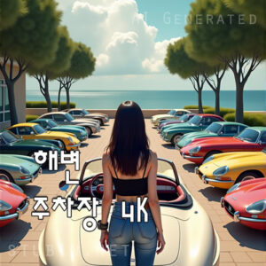 해변 주차장을 걷고 있는 소녀 - 여름 바다와 여행 감성을 담은 실사풍 아트워크