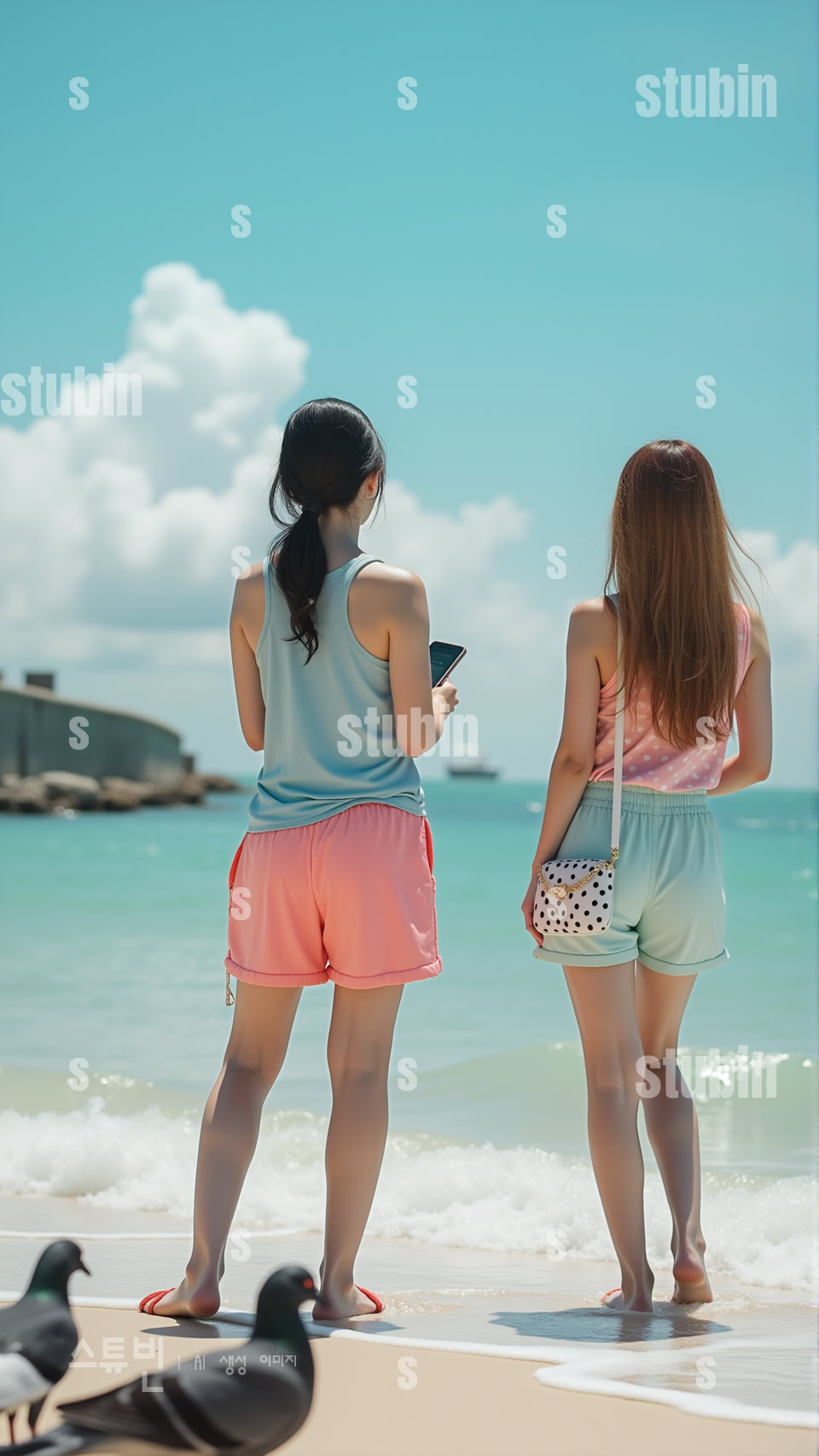 스마트폰을 보고 있는 해변가 두 소녀 실사풍 디지털아트 1 스마트폰을 보고 있는 해변가 두 소녀 1번 이미지