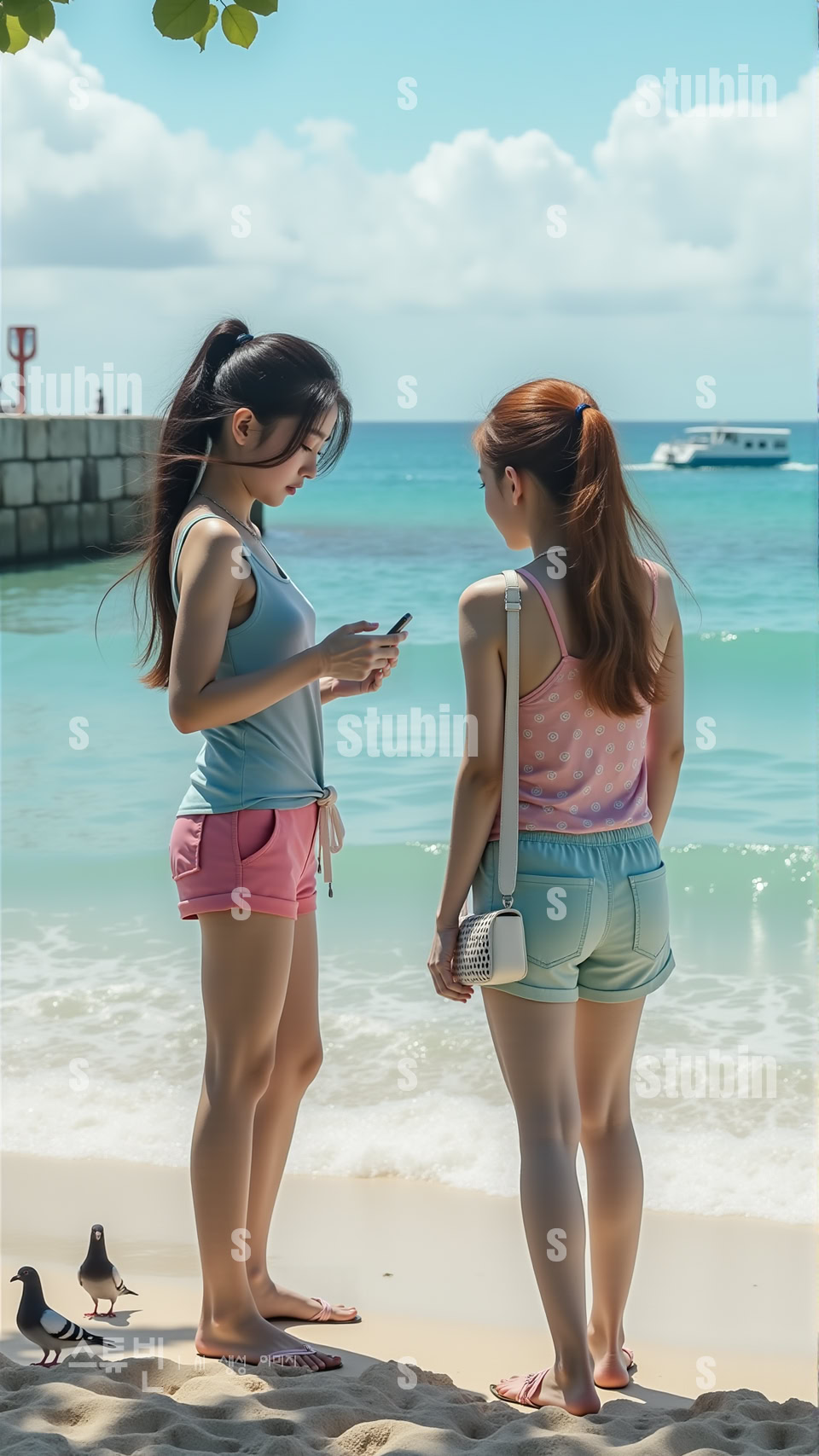스마트폰을 보고 있는 해변가 두 소녀 실사풍 디지털아트 2 해변가 두 소녀 2번 이미지
