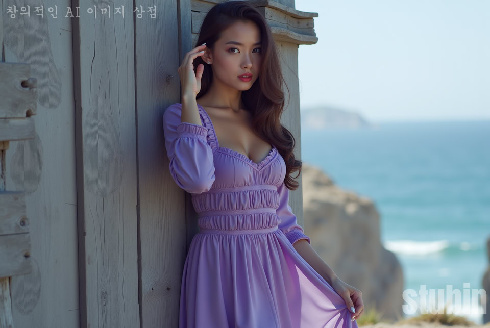 바닷바람 속 보랏빛 드레스 여친-햇살과 그늘 감성의 순간