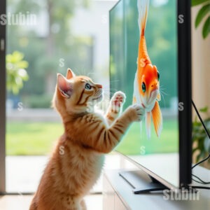 아기 고양이와 투명 롤러블 OLED TV 속 금붕어 1번 이미지