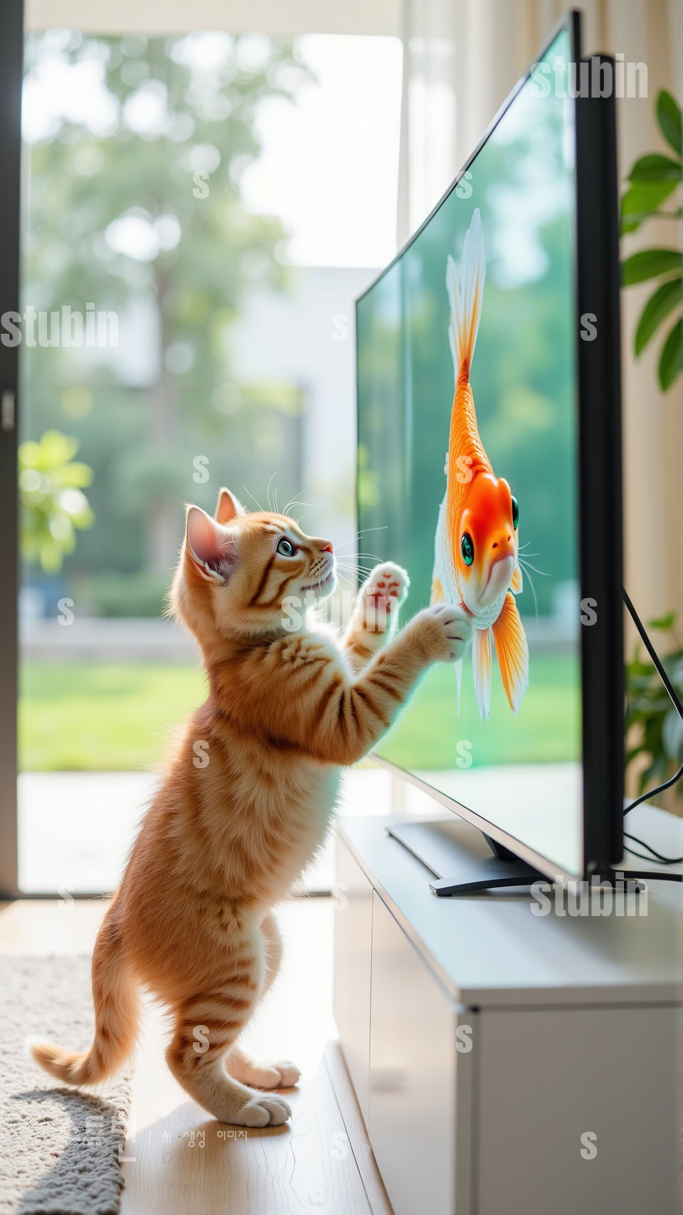 아기 고양이와 투명 롤러블 OLED TV 속 금붕어를 쫓는 장난스러운 순간 1 아기 고양이와 투명 롤러블 OLED TV 속 금붕어 1번 이미지